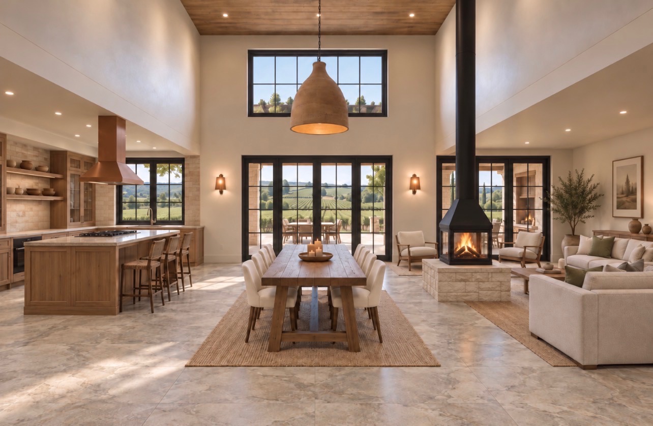 Grand double-height living and dining great hall with timber ceiling and vineyard views